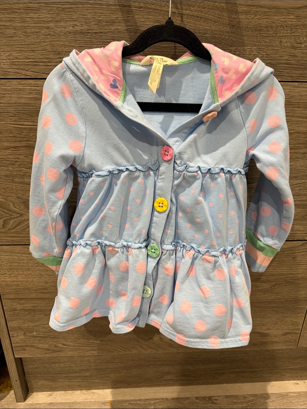 Matilda Jane Light Blue Hoodie Peplum Top with Pink Polka Dots